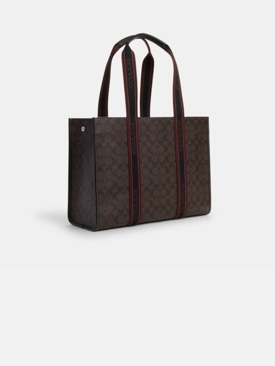 Coach Signature Canvas Large Tote in Brown with Maroon-Trim Straps - Picture 5 of 12